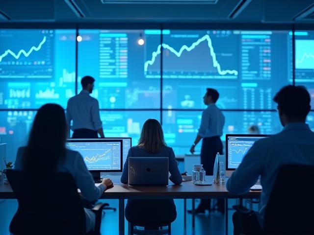 Oficina financiera moderna con reportes digitales