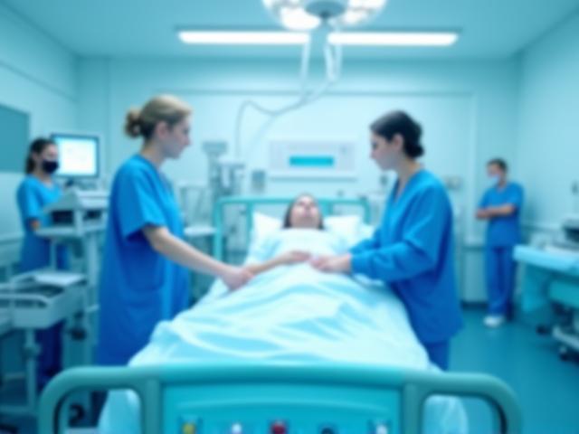 Paciente y equipo m\u00e9dico en hospital modernizado